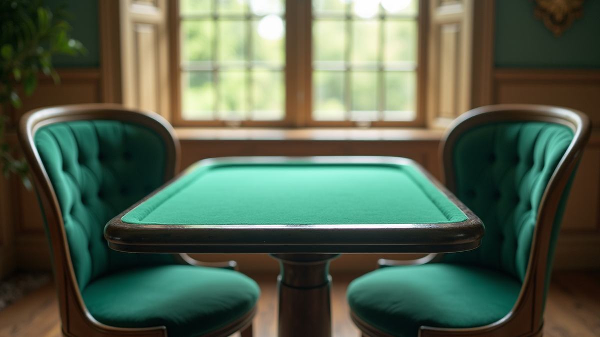 Kaksi tyhjää tuolia vastakkain tyhjän korttipöydän ääressä ikkunan valossa