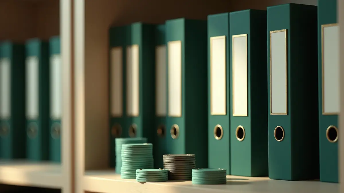 Rivi tummanvihreitä arkistokansioita ja pelimerkkipino niiden edessä